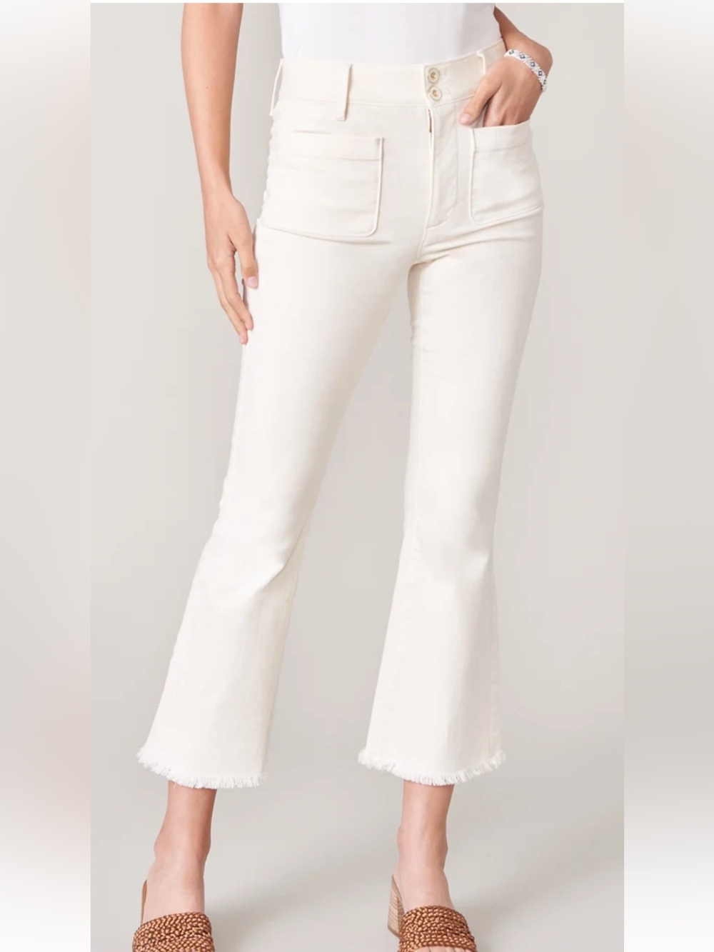 SPARTINA 449’Juliet’ivory cropped pants-slt flare-raw hem-patch pockets-look NEW